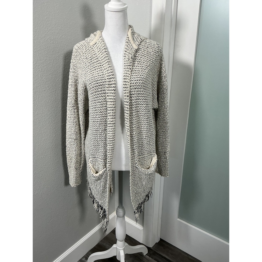 Free People Love Me Tender Hooded Fringe Cardigan Sweater Cream Black Size S